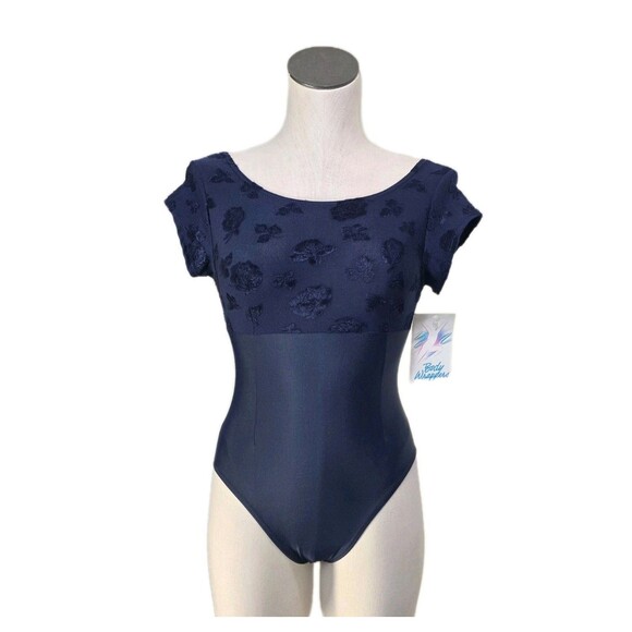 Body Wrappers VTG Embossed Floral Navy SS Dance Leotard Size Preteen Adult XS/S - Picture 7 of 16
